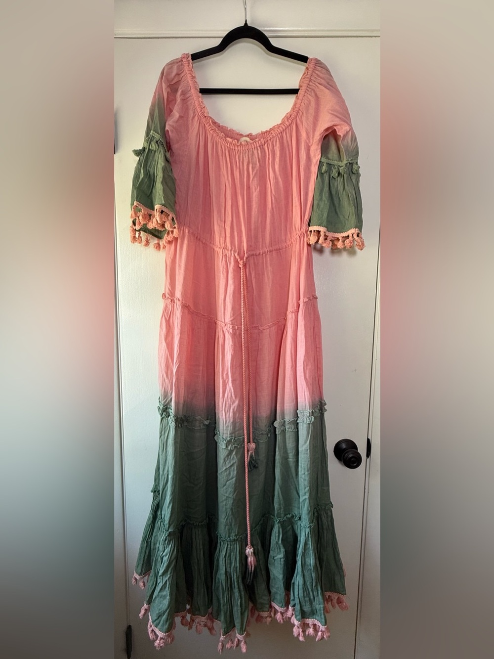 Z&L Maxi Dress Dip Dyed Pom Pom Tassel Boho Chic Hippie Party Bohemian Festival